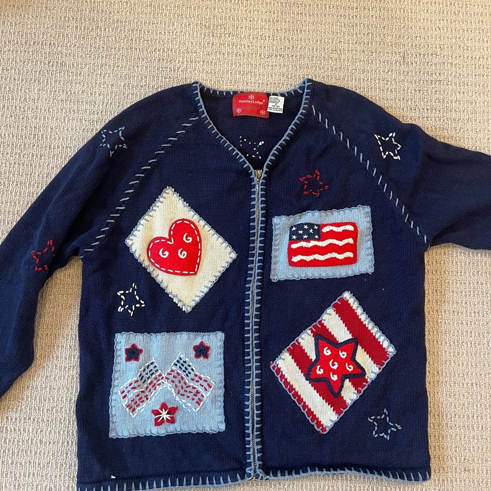 Storybook Knits Navy Cardigan with Patriotic Patches